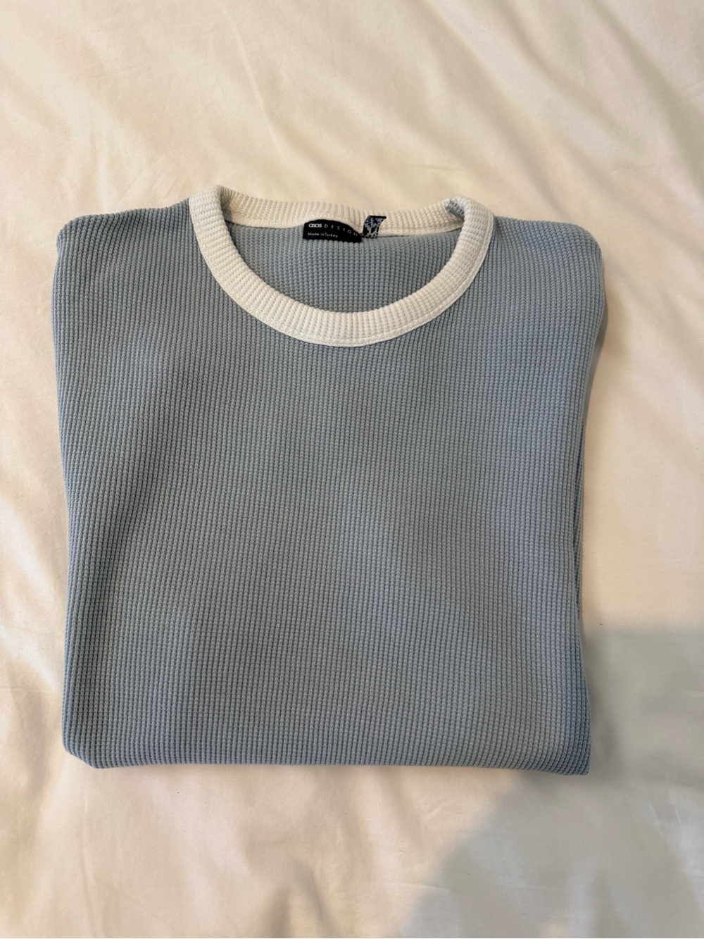 Men's Light Blue Short-Sleeve Crewneck Waffle Tee with White Ringer